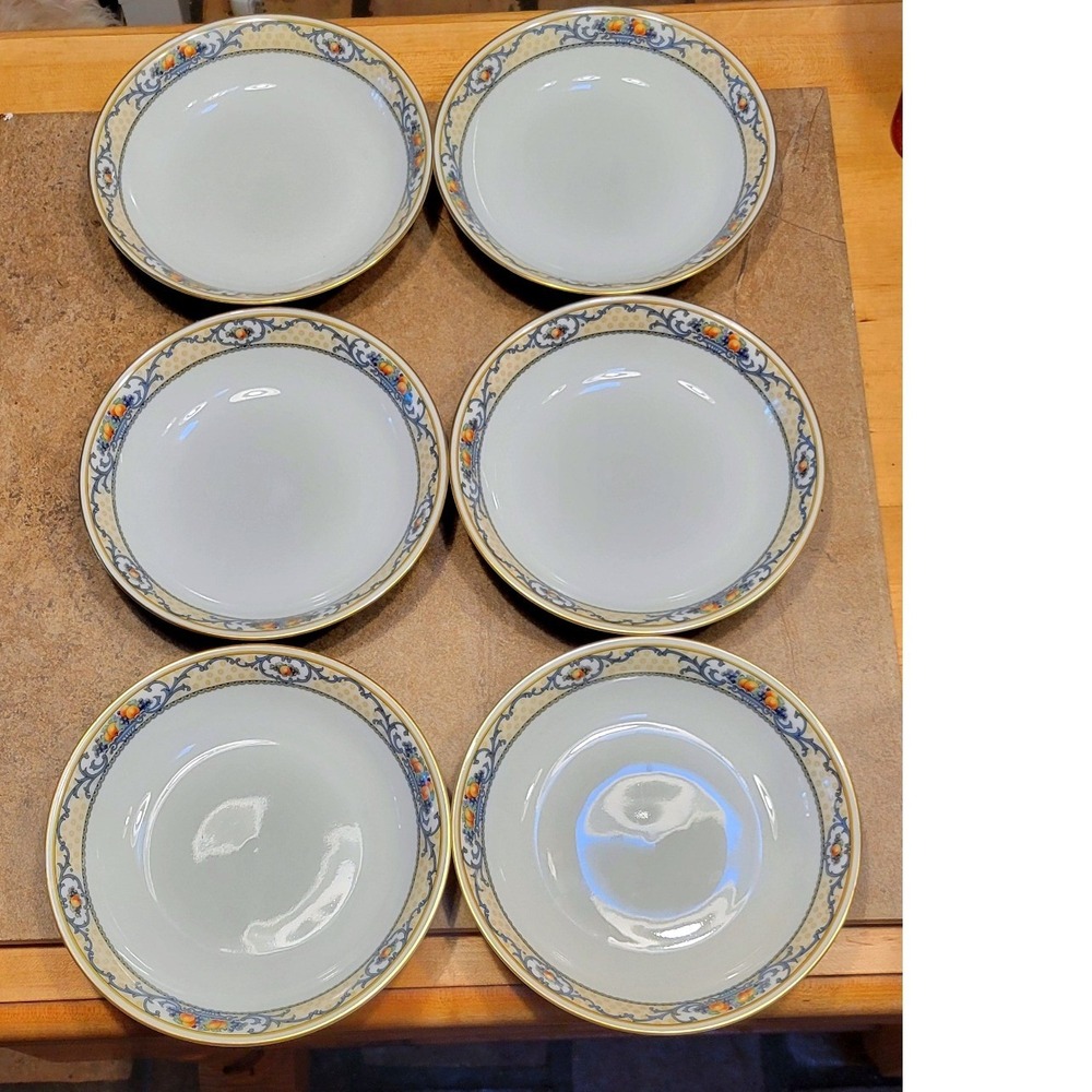 Demonte Coupe Soup Bowl Set of 6 White Porcelain Blue Fruit Gold Trim 7.5"